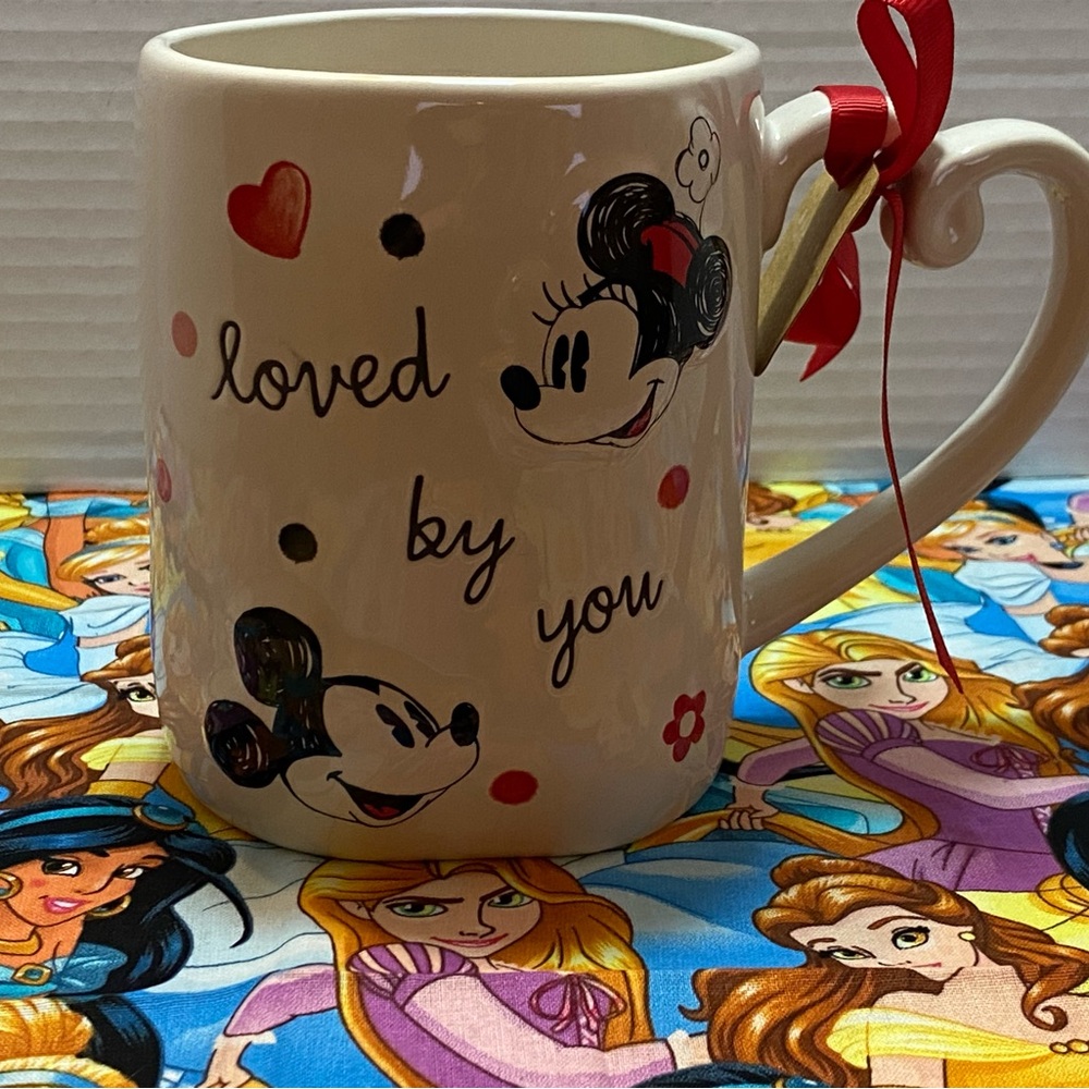 Rae Dunn White Ceramic 'Loved By You' Minnie & Mickey Mug with Red Accents